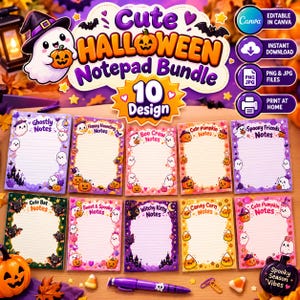May include: A digital bundle of 10 Halloween-themed notepad designs featuring ghosts, pumpkins, bats, and candy corn. The collection includes various colorful, lined stationery sheets with playful illustrations and text labels like Ghostly Notes.