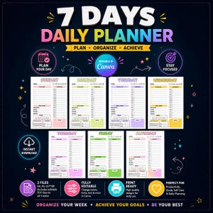 May include: A 7-day daily planner template set featuring seven individual pages for each day of the week. Each page includes sections for a to-do list, hourly schedule, meal diary, mood tracker, water intake, and notes. The design uses pastel colors.
