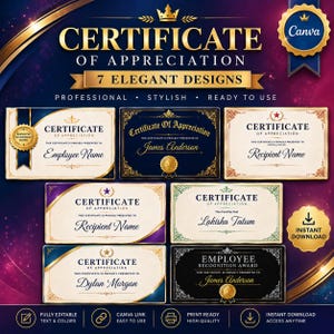 Può includere: Una collezione digitale di sette modelli di certificati di apprezzamento con schemi di colore oro, blu navy e crema. I design includono bordi decorati, grafiche di sigilli dorati e testo segnaposto come Certificate of Appreciation.