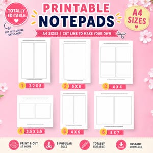 May include: A digital template for printable notepads featuring six different layout options on A4 sheets. The design includes text labels for sizes 3.2x8, 5x8, 4x4, 3.5x3.5, 4x6, and 5x7 inches, with cut lines and editable fields for custom text.