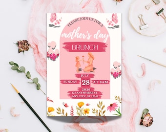 Fête des mères, invitation brunch fête des mères (téléchargement numérique), invitation imprimable sur toile modifiable, modèle de toile modifiable floral rose