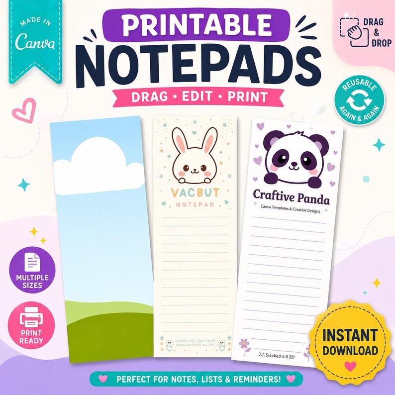 Printable Notepad Template Bundle Canva Editable, Notepad Template Set ...