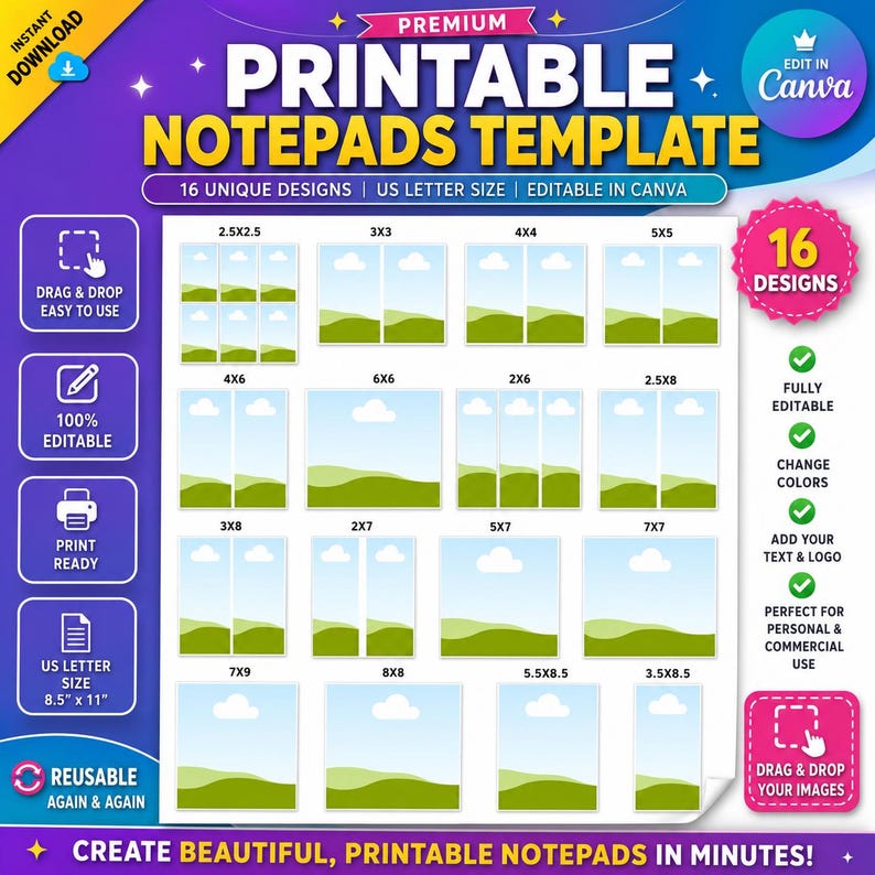 Printable Notepad Template Bundle Canva Editable, Notepad Template Set ...
