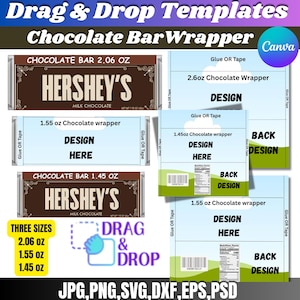 May include: Chocolate bar wrapper templates with "Drag & Drop" functionality. Includes Hershey's chocolate bar designs in 2.06 oz, 1.55 oz, and 1.45 oz sizes. The design templates are available in JPG, PNG, SVG, DXF, EPS, and PSD formats.