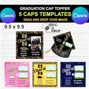 May include: Graduation cap topper templates with the text "Graduation Cap Topper" and "5 Caps Templates". The design includes the text "Class of 2026" and "The Tassel Was Worth The Hassle". The size is 9.5 x 9.5 inches.