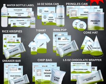 Lot de 10 modèles de cotillons | Sac à croustilles en toile modifiable, étiquettes de bouteilles d'eau, emballages de Rice Krispies | Kit de téléchargement numérique