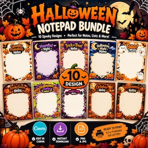 Puede incluir: Un paquete de blocs de notas digitales de Halloween con 10 diseños distintos con calabazas, fantasmas y murciélagos. El texto dice Halloween Notepad Bundle, 10 Spooky Designs, 10 Design y Ready to Print 8.5 x 11 inches US Letter. Incluye iconos de Canva, descarga y formato.