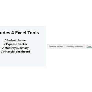 May include: Image displays text: Includes 4 Excel Tools, Budget planner, Expense tracker, Monthly summary, Financial dashboard. Also shows Expense Tracker, Monthly Summary, and Expense Dashboard.