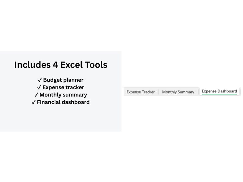 May include: Image displays text: Includes 4 Excel Tools, Budget planner, Expense tracker, Monthly summary, Financial dashboard. Also shows Expense Tracker, Monthly Summary, and Expense Dashboard.