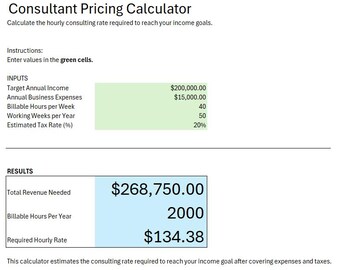 Consultant Pricing Calculator Excel Template | Consulting Rate Calculator | Hourly Consulting Fee Spreadsheet