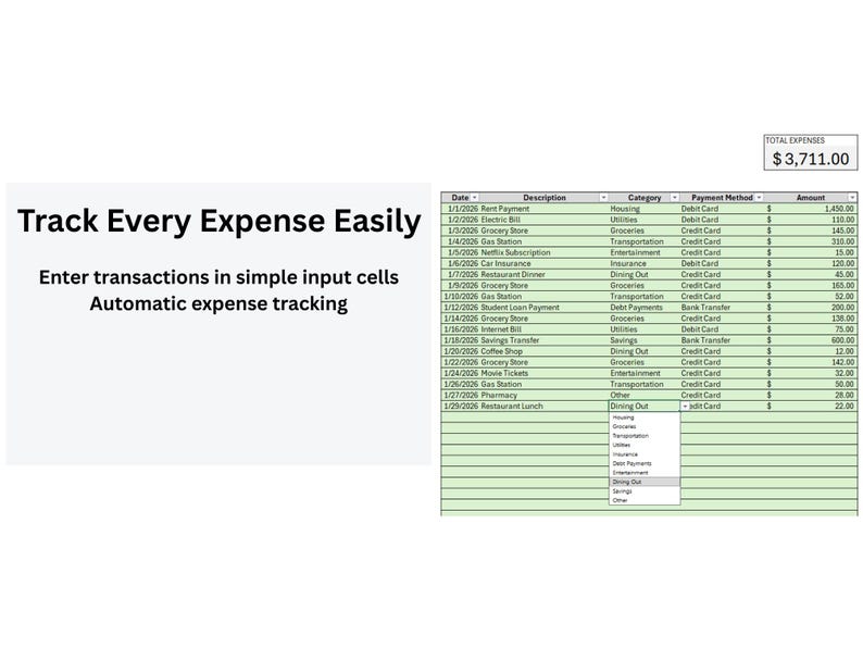 May include: A spreadsheet interface with the text "Track Every Expense Easily." The spreadsheet shows expense categories, descriptions, payment methods, and amounts. The total expenses are $3,711.00. The image also includes the text "Enter transactions in simple input cells" and "Automatic expense tracking."