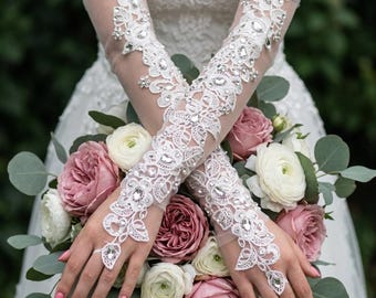 Lange kanten bruidshandschoenen strass vingerloos — Elleboog bruilofthandschoenen Ivoor bruid cadeau