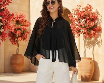 Cape van doorzichtige chiffonponcho — vleermuisblouse strandjurk boho zomertop