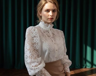 Damesblouse met pofmouwen - gehaakte bloemen Cottagecore Victoriaanse top met parelknopen