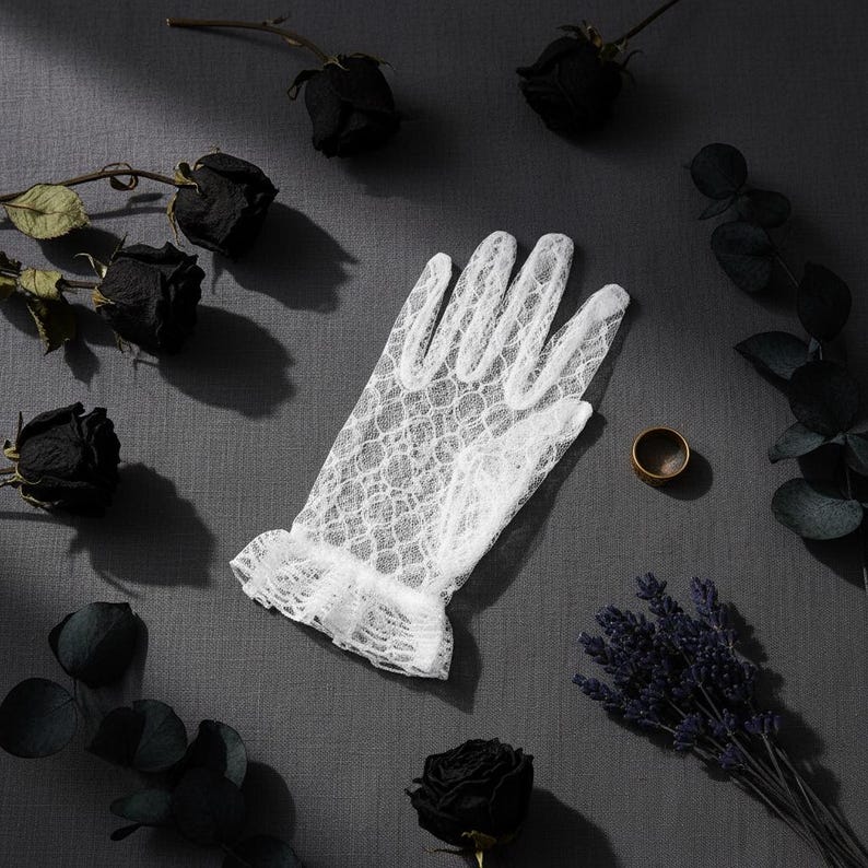 Short Lace Bridal Gloves | White Black Wedding Mesh Gloves Goth Bride Ruffle Cuff