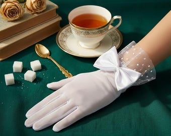 Handschoenen met strik van doorschijnend gaas polkadot | Vintage Gothic Tea Party galahandschoenen bruidsbruiloft