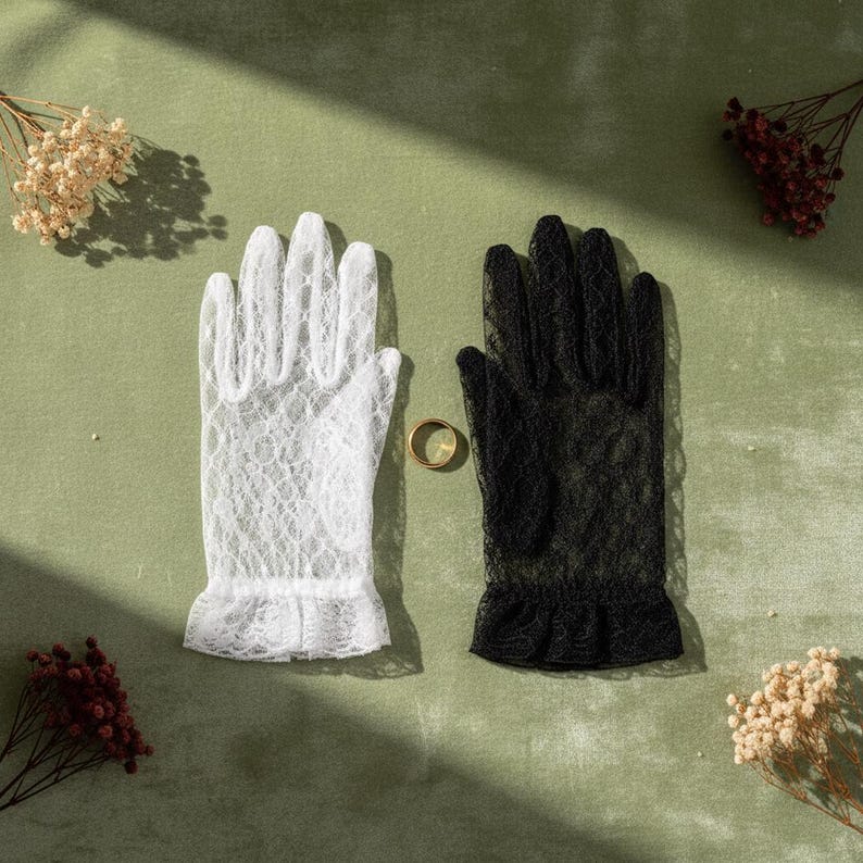 Short Lace Bridal Gloves | White Black Wedding Mesh Gloves Goth Bride Ruffle Cuff