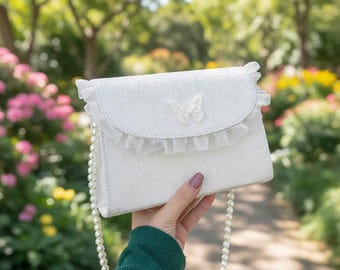 Kanten schoudertas met parelketting portemonnee witte vlinder ruche elegant bruids huwelijkscadeau