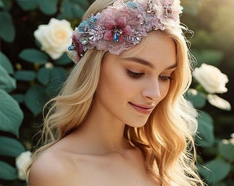 Hoofdband met bloemenkant en parelkristal — Bruiloft bruids haarstuk galabal Cottagecore Boho cadeau