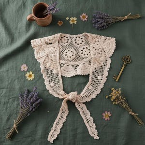 Peut inclure: Un boléro en crochet de couleur crème avec un motif ajouré délicat. Le boléro présente un bord festonné et une fermeture à nouer. De la lavande séchée, des fleurs et une clé vintage sont disposées autour du boléro sur un tissu vert.