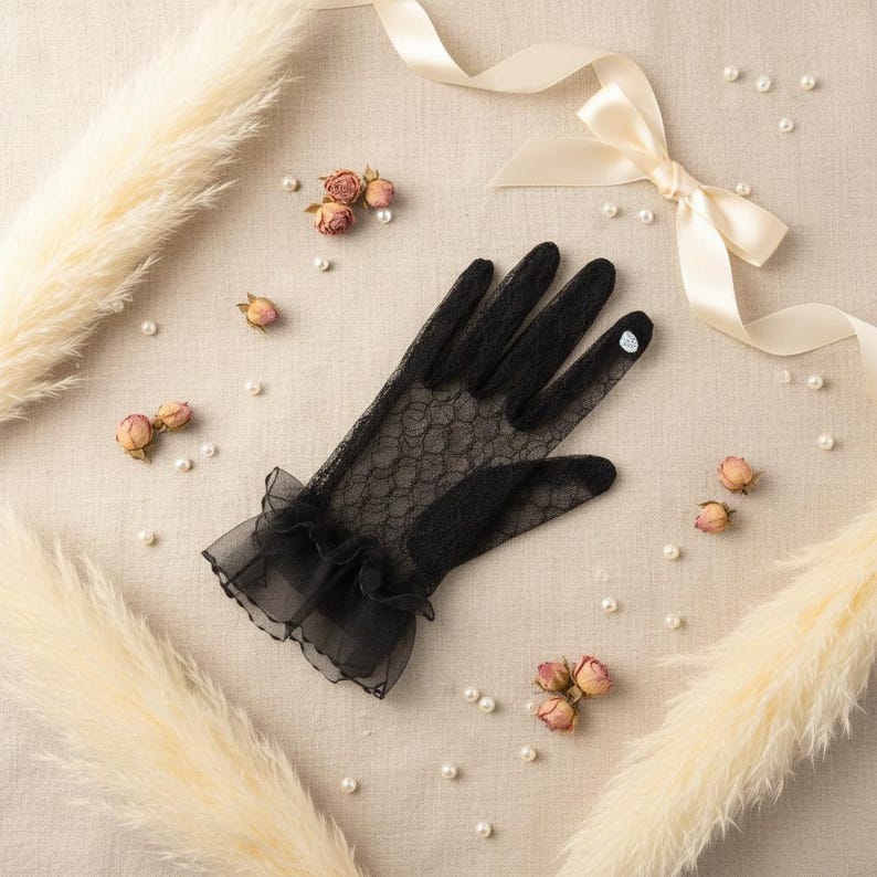 Short Lace Bridal Gloves | White Black Wedding Mesh Gloves Goth Bride Ruffle Cuff
