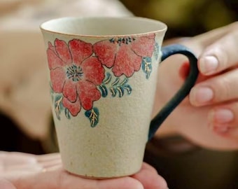 Hand Painted Camellia Ceramic Coffee Mug – Vintage Floral Pottery Mug with Gold Detail