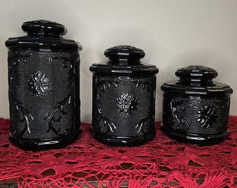 Vintage Indiana Glass Tiara Exclusives Black Glass Sandwich Pattern Canister Set