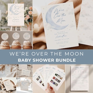 May include: A baby shower stationery bundle featuring a moon and cloud theme with the text We're Over the Moon. The set includes a welcome sign, invitations, cupcake toppers, game cards, and a predictions and advice sheet with blue and gold accents.