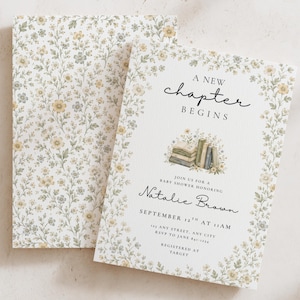 A New Chapter Begins Baby Shower Invitation Template, Vintage Floral Storybook Theme, Gender Neutral Baby Shower, Editable Canva Template
