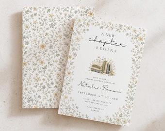 May include: A rectangular invitation card and matching envelope featuring a delicate floral pattern in muted yellow, blue, and green. The card displays the text A NEW CHAPTER BEGINS, JOIN US FOR A BRIDAL SHOWER HONORING Natalie Brown, SEPTEMBER 12TH AT 11AM.