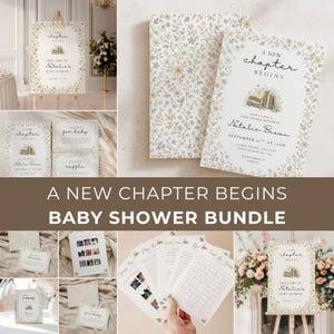 May include: A baby shower stationery bundle featuring a floral pattern with yellow and green wildflowers. The cards include text such as A NEW CHAPTER BEGINS, Natalie Brown, and various game sheets. The set includes invitations, signs, and cards.