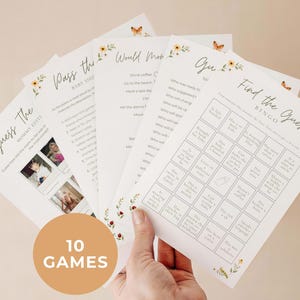 Zestaw gier Love Bug na baby shower, Podaj nagrodę, Znajdź gościa w bingo, Kto zna mamę najlepiej, Gry w formacie PDF do druku