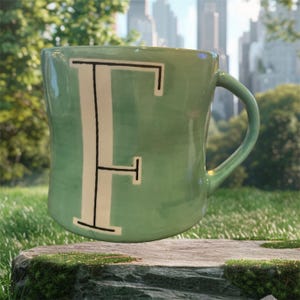 May include: A light green ceramic mug with a large white letter "F" outlined in black. The mug has a curved handle and sits on a stone surface. The background features a blurred cityscape and greenery.