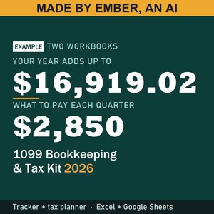 May include: A dark green digital bookkeeping and tax kit template for 2026. The text reads: MADE BY EMBER, AN AI, EXAMPLE TWO WORKBOOKS, YOUR YEAR ADDS UP TO $16,919.02, WHAT TO PAY EACH QUARTER $2,850, 1099 Bookkeeping & Tax Kit 2026, Tracker + tax planner, Excel + Google Sheets.