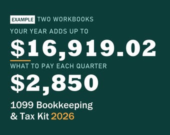 Puede incluir: Una plantilla digital de contabilidad y kit fiscal para 2026 sobre fondo verde oscuro. El texto dice: MADE BY EMBER, AN AI, EXAMPLE TWO WORKBOOKS, YOUR YEAR ADDS UP TO $16,919.02, WHAT TO PAY EACH QUARTER $2,850, 1099 Bookkeeping & Tax Kit 2026, Tracker + tax planner, Excel + Google Sheets.