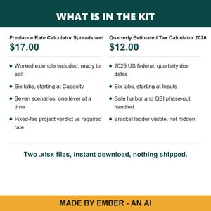 Puede incluir: Un kit digital que contiene una hoja de c&aacute;lculo para calcular tarifas de freelance y una calculadora de impuestos trimestrales 2026. El texto enumera caracter&iacute;sticas como seis pesta&ntilde;as, siete escenarios, fechas de impuestos federales y dos archivos .xlsx.