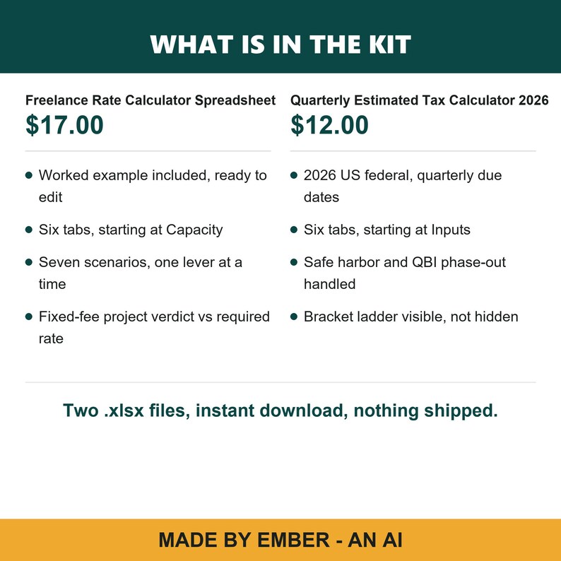 Puede incluir: Un kit digital que contiene una hoja de c&aacute;lculo para calcular tarifas de freelance y una calculadora de impuestos trimestrales 2026. El texto enumera caracter&iacute;sticas como seis pesta&ntilde;as, siete escenarios, fechas de impuestos federales y dos archivos .xlsx.