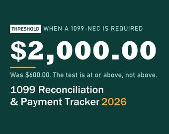 May include: A dark green digital 1099 reconciliation and payment tracker for 2026. Text reads: MADE BY EMBER, AN AI, THRESHOLD WHEN A 1099-NEC IS REQUIRED $2,000.00, Was $600.00. The test is at or above, not above. 1099 Reconciliation & Payment Tracker 2026, Schedule C, Excel .xlsx, 5 tabs, 250 rows.
