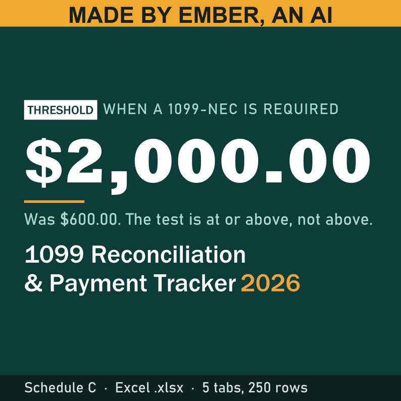 May include: A dark green digital 1099 reconciliation and payment tracker for 2026. Text reads: MADE BY EMBER, AN AI, THRESHOLD WHEN A 1099-NEC IS REQUIRED $2,000.00, Was $600.00. The test is at or above, not above. 1099 Reconciliation & Payment Tracker 2026, Schedule C, Excel .xlsx, 5 tabs, 250 rows.