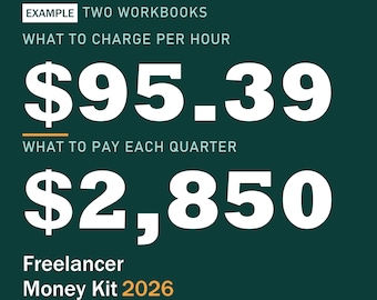 May include: A dark green digital graphic titled Freelancer Money Kit 2026. It displays text including MADE BY EMBER, AN AI, EXAMPLE TWO WORKBOOKS, WHAT TO CHARGE PER HOUR $95.39, WHAT TO PAY EACH QUARTER $2,850, and Rate planner + tax planner · Excel + Google Sheets.