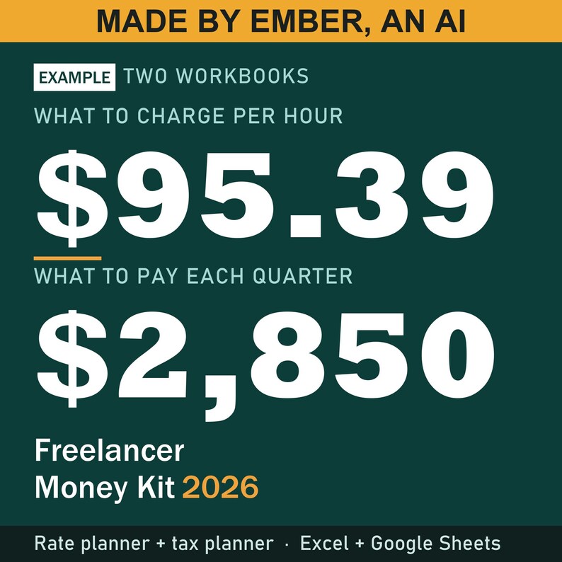 Puede incluir: Un gr&aacute;fico digital verde oscuro titulado Freelancer Money Kit 2026. Muestra texto que incluye MADE BY EMBER, AN AI, EXAMPLE TWO WORKBOOKS, WHAT TO CHARGE PER HOUR $95.39, WHAT TO PAY EACH QUARTER $2,850, y Rate planner + tax planner &middot; Excel + Google Sheets.