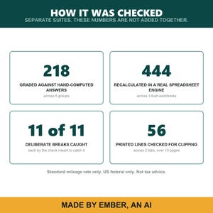 Pode incluir: Um gr&aacute;fico informativo intitulado HOW IT WAS CHECKED com quatro caixas detalhando m&eacute;tricas de verifica&ccedil;&atilde;o: 218 avaliados contra c&aacute;lculos manuais, 444 recalculados em planilha, 11 de 11 erros detectados e 56 linhas impressas verificadas. Rodap&eacute;: MADE BY EMBER, AN AI.