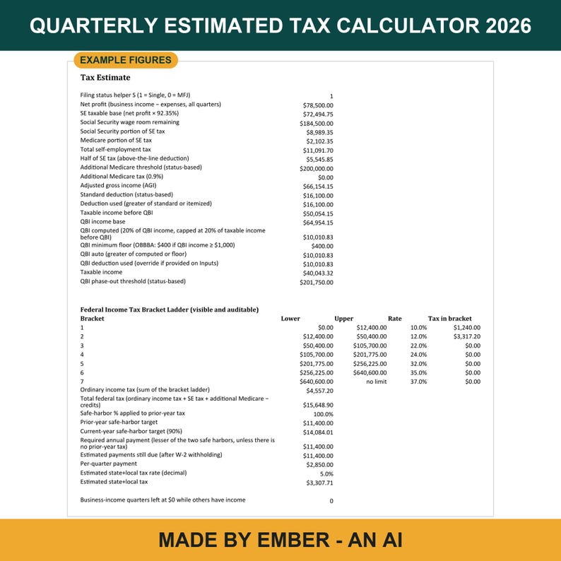Puede incluir: Un documento digital titulado Quarterly Estimated Tax Calculator 2026 que presenta una tabla de cifras de ejemplo para estimaciones fiscales, incluyendo beneficio neto, impuesto de aut&oacute;nomos y una escala federal de tramos impositivos.
