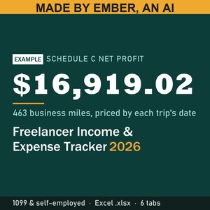 Puede incluir: Una plantilla digital verde oscuro titulada Freelancer Income & Expense Tracker 2026. Muestra un ejemplo de beneficio neto Schedule C de $16,919.02, 463 millas de negocio y notas para usuarios 1099 y aut&oacute;nomos en formato Excel .xlsx con 6 pesta&ntilde;as.