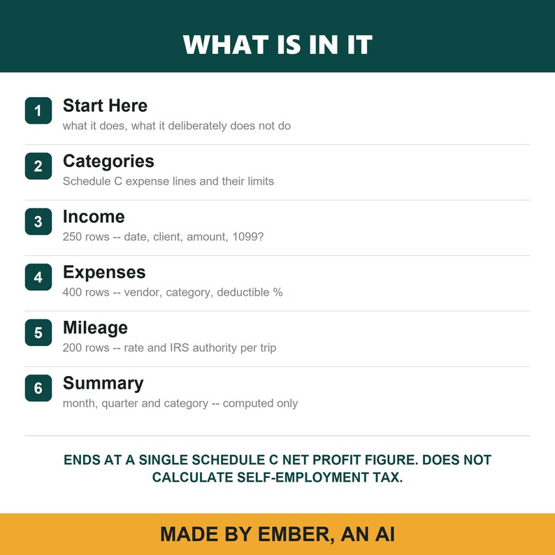Puede incluir: Un cuadro informativo blanco titulado WHAT IS IN IT con un encabezado verde oscuro y un pie de p&aacute;gina amarillo. Enumera seis secciones numeradas: Start Here, Categories, Income, Expenses, Mileage y Summary, cada una con breves descripciones.