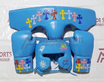 Custom Chrome Boxing Sparring Set Professional Lace Up Gloves Head & Groin Guard Training Kits