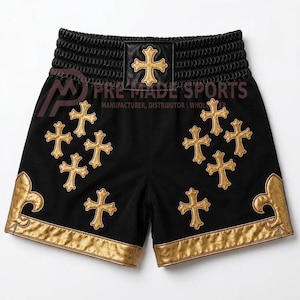 Custom Black Gold Boxing Shorts, Muay Thai Fight Trunks, Leather Cross Patches