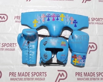 Conjunto de Equipamento de Boxe Personalizado em Couro Azul Celeste | Luvas, Protetor de Cabeça e Protetor Genital Cromados com o Logotipo da Christian Heart