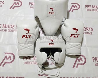 ホワイトレースアップボクシングセット：スパーリンググローブ、ヘッドガード、股間プロテクター（MMAキックボクシング用）