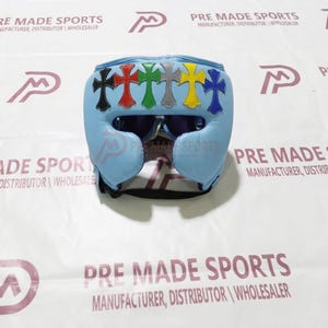 Light Blue Leather Boxing Headgear - Full Face Protection Multicolor Cross Patches, Professional Sparring Gear
